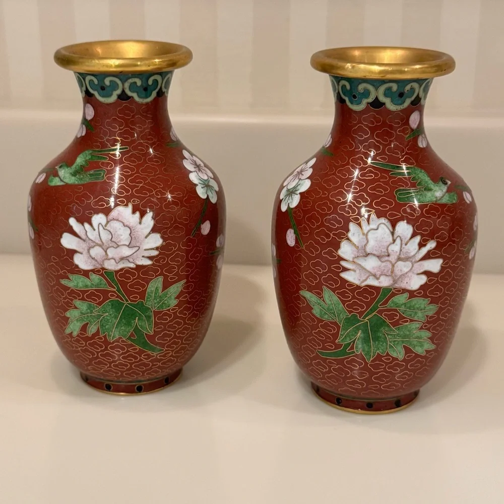 Pair Of Vintage Chinese Cloisonné Chrysanthemum Floral Vases